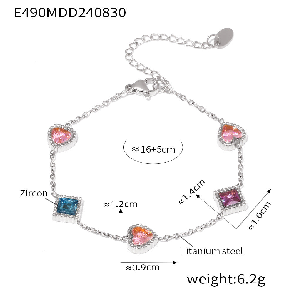 Heart-Shaped Square Zircon Bracelet with a Light-Luxury Feel, Crafted from Titanium Steel.