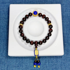 8mm Indian Small-Leaf Red Sandalwood Beaded Bracelet with Lapis Lazuli Inlaid in 925 Sterling Silver