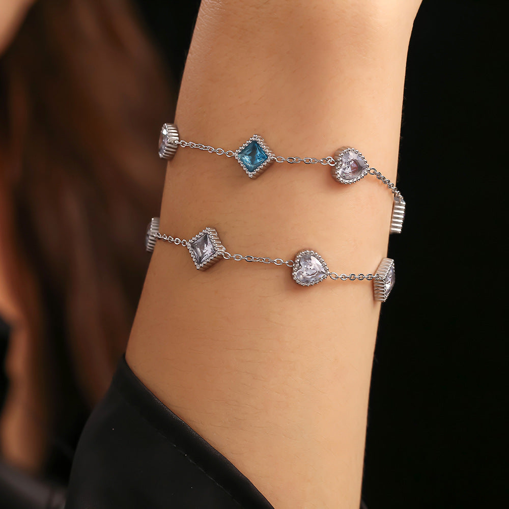 Heart-Shaped Square Zircon Bracelet with a Light-Luxury Feel, Crafted from Titanium Steel.