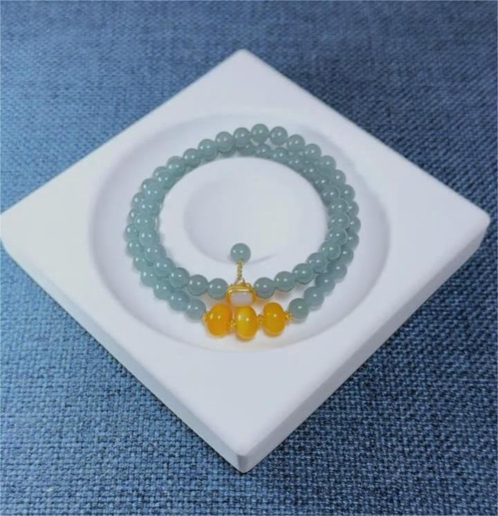 Hetian Jade Bracelet with 8mm Beads and Amber Accent