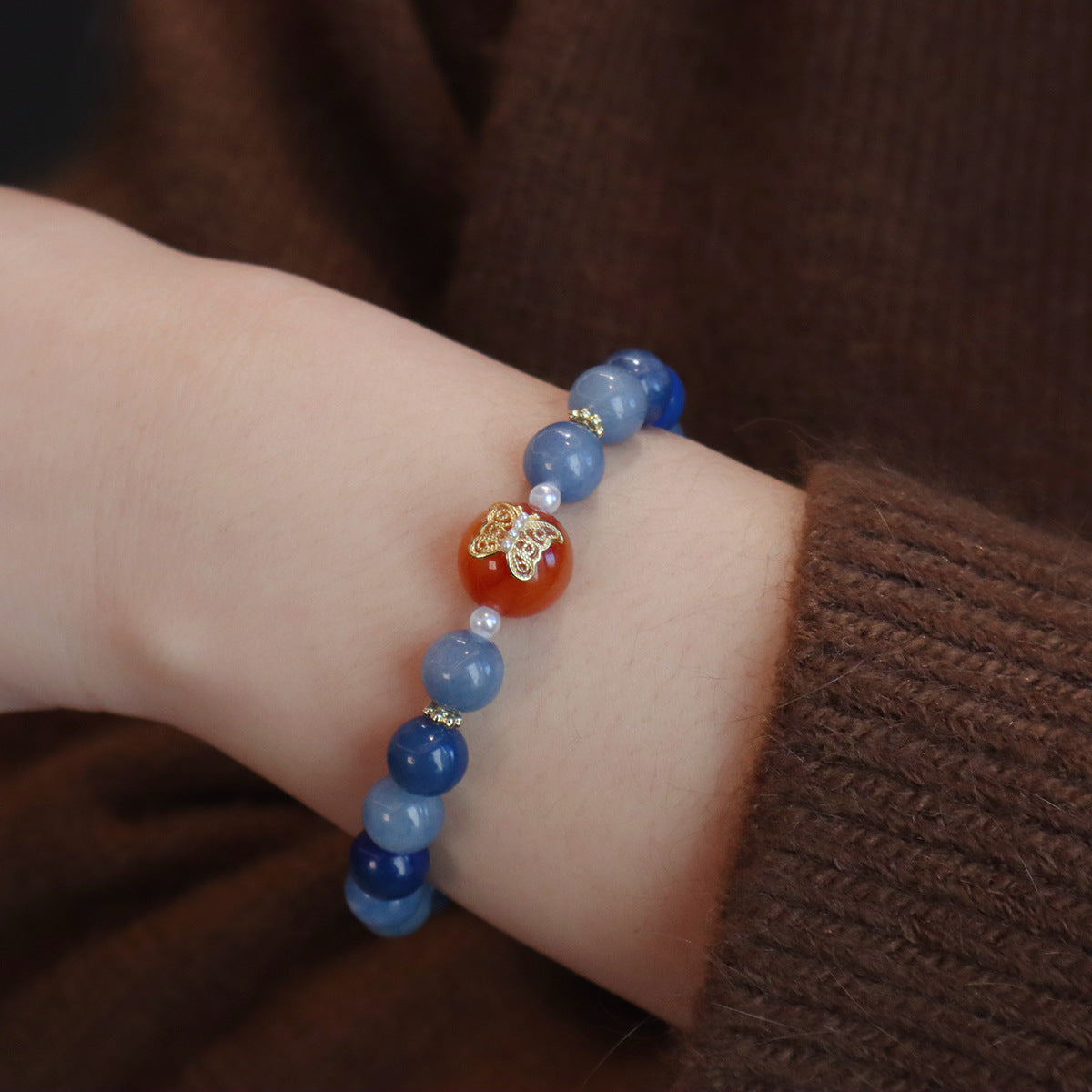 Natural Blue Aventurine (Dongling Jade) & Golden Silk Jade Women's Bracelet