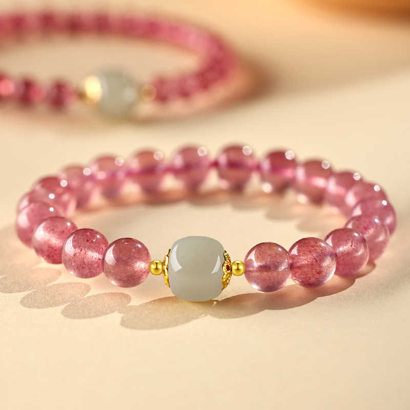 Natural Strawberry Quartz and Peach Blossom Stone Women's Bracelet