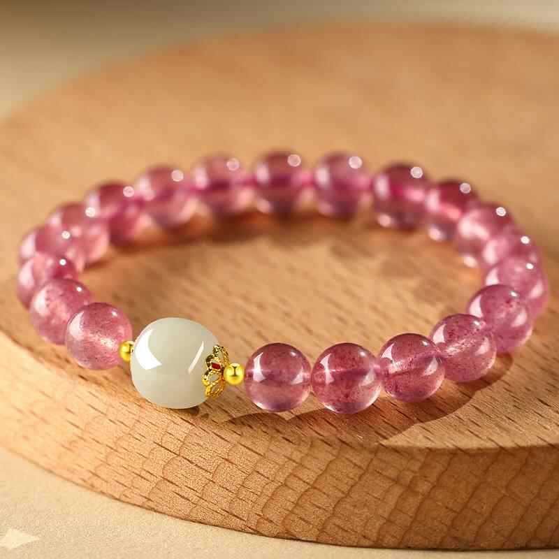 Natural Strawberry Quartz and Peach Blossom Stone Women's Bracelet