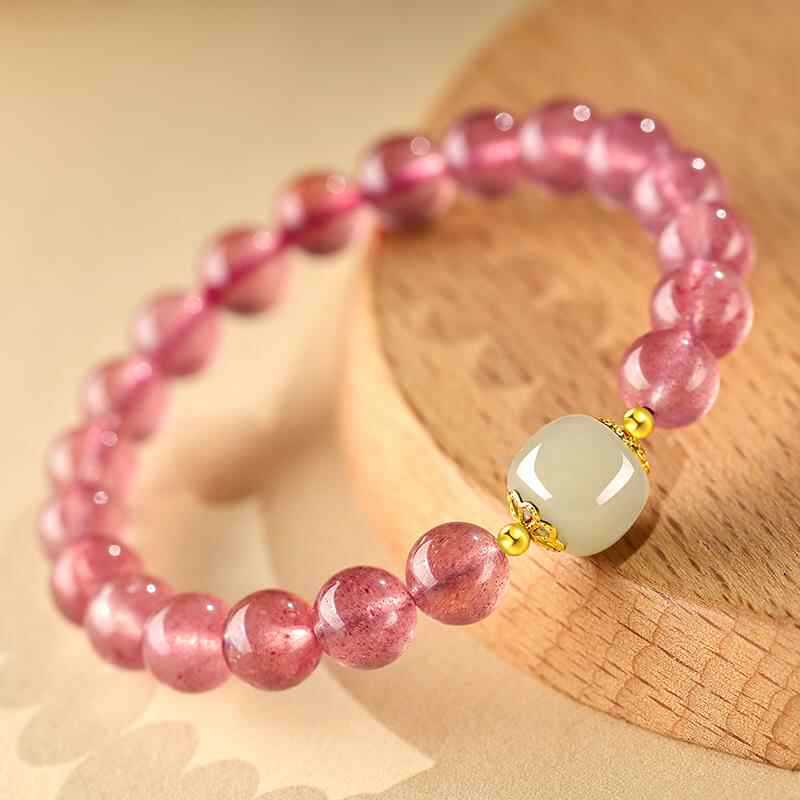 Natural Strawberry Quartz and Peach Blossom Stone Women's Bracelet