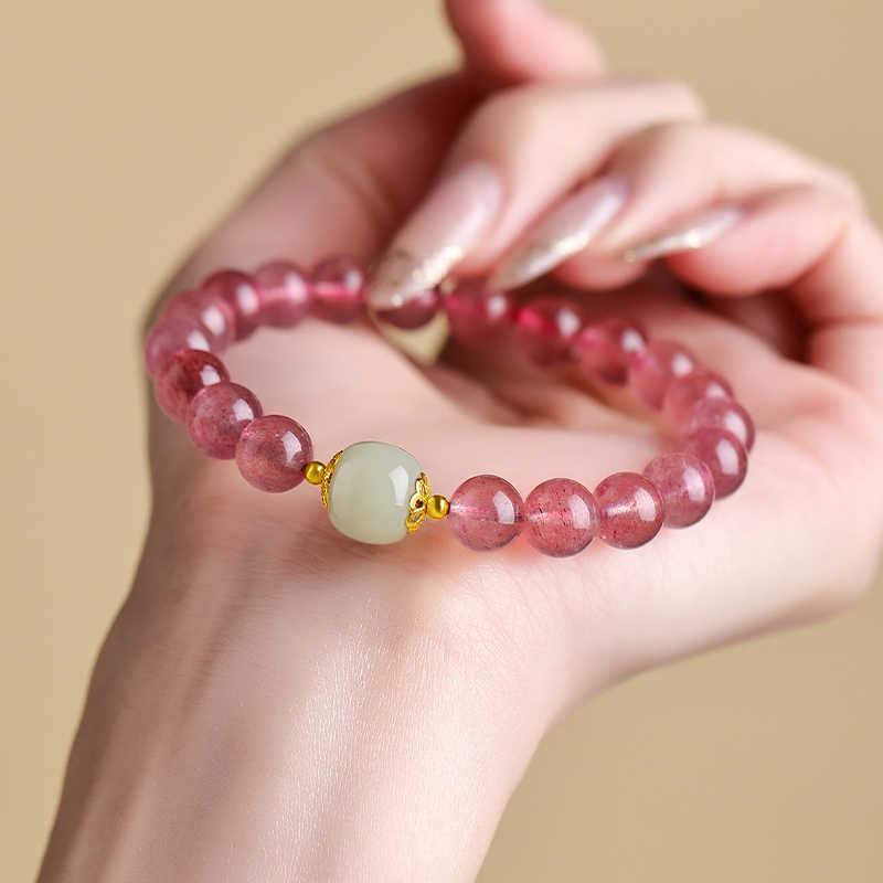 Natural Strawberry Quartz and Peach Blossom Stone Women's Bracelet