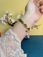 Natural “Yaobaihua” White-Flower Honey Amber 8mm Beaded Bracelet with Green Jade